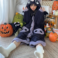 Winter Thick Warm Soft Cute Halloween Black Spooky Bat Ears Hoodies Nightgown Long Coat Pants Pajamas Two Piece Set - Thumbnail 3