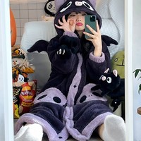 Winter Thick Warm Soft Cute Halloween Black Spooky Bat Ears Hoodies Nightgown Long Coat Pants Pajamas Two Piece Set - Thumbnail 4
