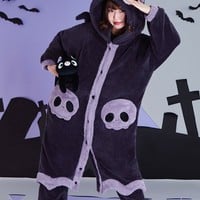 Winter Thick Warm Soft Cute Halloween Black Spooky Bat Ears Hoodies Nightgown Long Coat Pants Pajamas Two Piece Set - Thumbnail 6