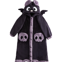 Winter Thick Warm Soft Cute Halloween Black Spooky Bat Ears Hoodies Nightgown Long Coat Pants Pajamas Two Piece Set - Thumbnail 9