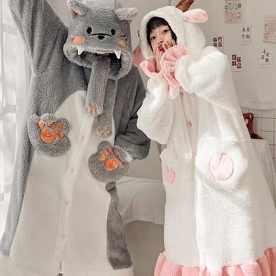 Winter thick warm comfy soft cute little sheep & big bad wolf ears hoodies nightgown long coat pants couple pajamas two piece set - Thumbnail 2
