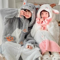 Winter Thick Warm Comfy Soft Cute Little Sheep & Big Bad Wolf Ears Hoodies Nightgown Long Coat Pants Couple Pajamas Two Piece Set - Thumbnail 1