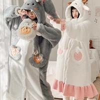Winter Thick Warm Comfy Soft Cute Little Sheep & Big Bad Wolf Ears Hoodies Nightgown Long Coat Pants Couple Pajamas Two Piece Set - Thumbnail 2