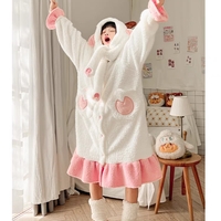 Winter Thick Warm Comfy Soft Cute Little Sheep & Big Bad Wolf Ears Hoodies Nightgown Long Coat Pants Couple Pajamas Two Piece Set - Thumbnail 5