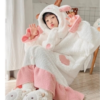 Winter Thick Warm Comfy Soft Cute Little Sheep & Big Bad Wolf Ears Hoodies Nightgown Long Coat Pants Couple Pajamas Two Piece Set - Thumbnail 7