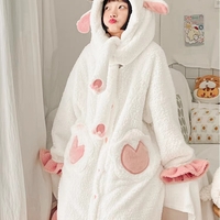 Winter Thick Warm Comfy Soft Cute Little Sheep & Big Bad Wolf Ears Hoodies Nightgown Long Coat Pants Couple Pajamas Two Piece Set - Thumbnail 6