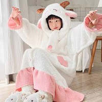 Winter Thick Warm Comfy Soft Cute Little Sheep & Big Bad Wolf Ears Hoodies Nightgown Long Coat Pants Couple Pajamas Two Piece Set - Thumbnail 8