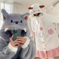 Winter Thick Warm Comfy Soft Cute Little Sheep & Big Bad Wolf Ears Hoodies Nightgown Long Coat Pants Couple Pajamas Two Piece Set - Thumbnail 3