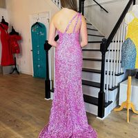 Sparkly Mermaid One Shoulder Pink Sequins Long Prom Dresses with Slit - Thumbnail 2