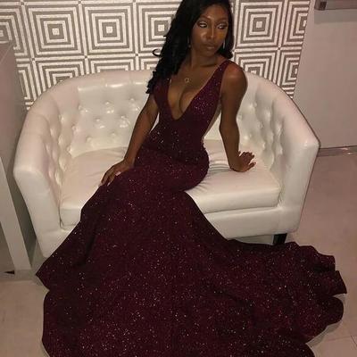 Mermaid v neck burgundy sequin prom dresses - Thumbnail 2