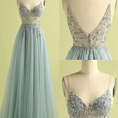Vintage a line v neck slit tulle prom dress with beading