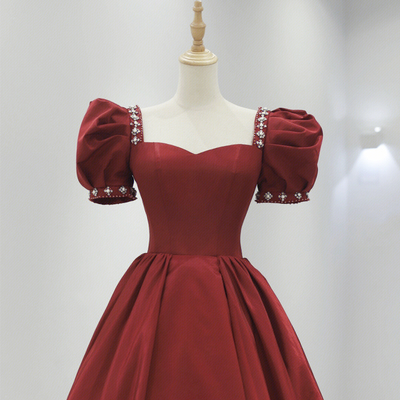 Burgundy satin long prom dress, cute short sleeve evening dress - Thumbnail 2