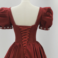 Burgundy Satin Long Prom Dress, Cute Short Sleeve Evening Dress - Thumbnail 2