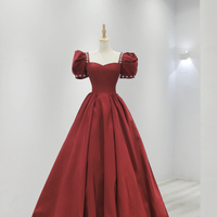Burgundy Satin Long Prom Dress, Cute Short Sleeve Evening Dress - Thumbnail 3
