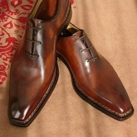 Unique Men's Hand Stitch Brown Derby Genuine Leather Lace Up Formal Shoes - Thumbnail 1