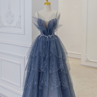 Blue Tulle Beads Long Ball Gown Dress Blue Formal Dress - Thumbnail 1