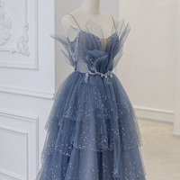 Blue Tulle Beads Long Ball Gown Dress Blue Formal Dress - Thumbnail 2