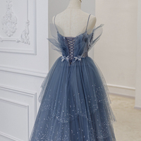 Blue Tulle Beads Long Ball Gown Dress Blue Formal Dress - Thumbnail 5