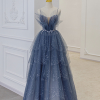 Blue Tulle Beads Long Ball Gown Dress Blue Formal Dress - Thumbnail 6