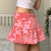 Hawaiian Hibiscus Flower High Waist Pleated Ruffle Mini Skirt - Thumbnail 3