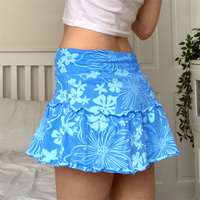 Hawaiian Hibiscus Flower High Waist Pleated Ruffle Mini Skirt - Thumbnail 5