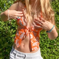 Orange Floral Hibiscus Flower Halter V-Neck Crop Top - Thumbnail 3