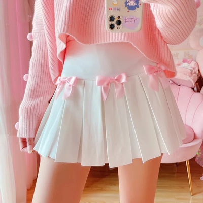 White Flare Pink Bow Pleated Tennis Skirt
