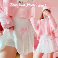 White Flare Pink Bow Pleated Tennis Skirt - Thumbnail 3