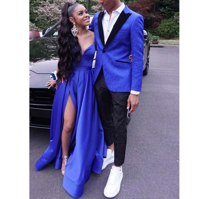Royal Blue Prom Dresses Spaghetti Straps Slit Side