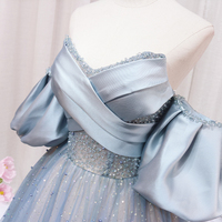 Blue Puff Sleeve Long A-Line Prom Dress, Off the Shoulder Formal Dress - Thumbnail 1