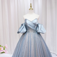 Blue Puff Sleeve Long A-Line Prom Dress, Off the Shoulder Formal Dress - Thumbnail 2