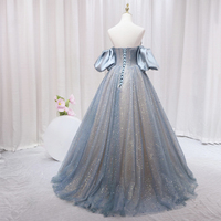 Blue Puff Sleeve Long A-Line Prom Dress, Off the Shoulder Formal Dress - Thumbnail 3