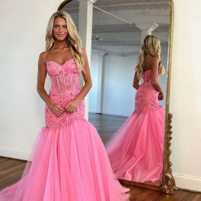 Cute mermaid sweetheart hot pink lace prom dresses - Thumbnail 1