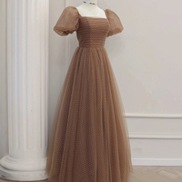 Brown Polka Dots Tulle Long Prom Dress, Cute Short Sleeve Evening Dress - Thumbnail 1