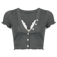 Sweet Lace Button V Neck Cropped Short Sleeve T-Shirt - Thumbnail 8