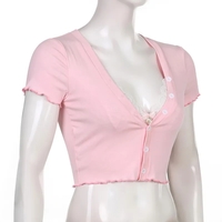 Sweet Lace Button V Neck Cropped Short Sleeve T-Shirt - Thumbnail 4