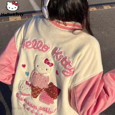 Pink Japanese Anime Cat Embroidery Patchwork Varsity Baseball Jacket