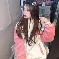 Pink Japanese Anime Cat Embroidery Patchwork Varsity Baseball Jacket - Thumbnail 2