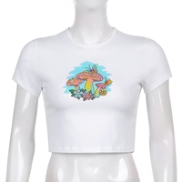 Mushroom Print Cropped Short Sleeve T-shirt - Thumbnail 2