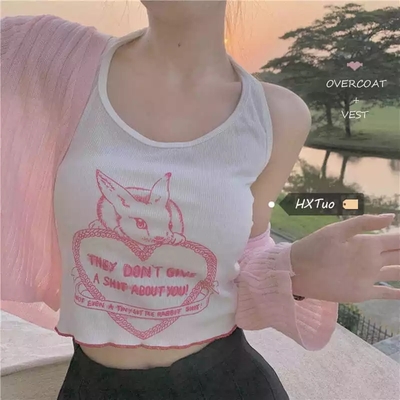 Bunny rabbit embroidery print wrap halter crop top - Thumbnail 3