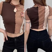 Brown Patchwork Trim Hollow Short Sleeve T-shirt - Thumbnail 1