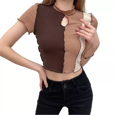 Brown patchwork trim hollow short sleeve t-shirt - Thumbnail 5