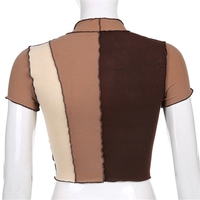 Brown Patchwork Trim Hollow Short Sleeve T-shirt - Thumbnail 4