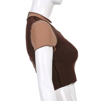 Brown Patchwork Trim Hollow Short Sleeve T-shirt - Thumbnail 5