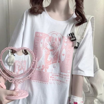 Pastel pink anime girl print short sleeve t-shirt - Thumbnail 2