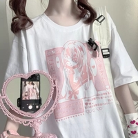 Pastel Pink Anime Girl Print Short Sleeve T-shirt - Thumbnail 1
