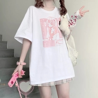 Pastel Pink Anime Girl Print Short Sleeve T-shirt - Thumbnail 4