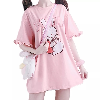 Pink rabbit ruffle loose short sleeve t-shirt - Thumbnail 3