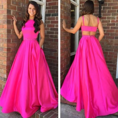 Fuchsia Prom Dresses with Pockets Waist with Beaded