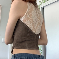 Brown Button Up Lace Patchwork Sleeveless Vest Shirt - Thumbnail 4